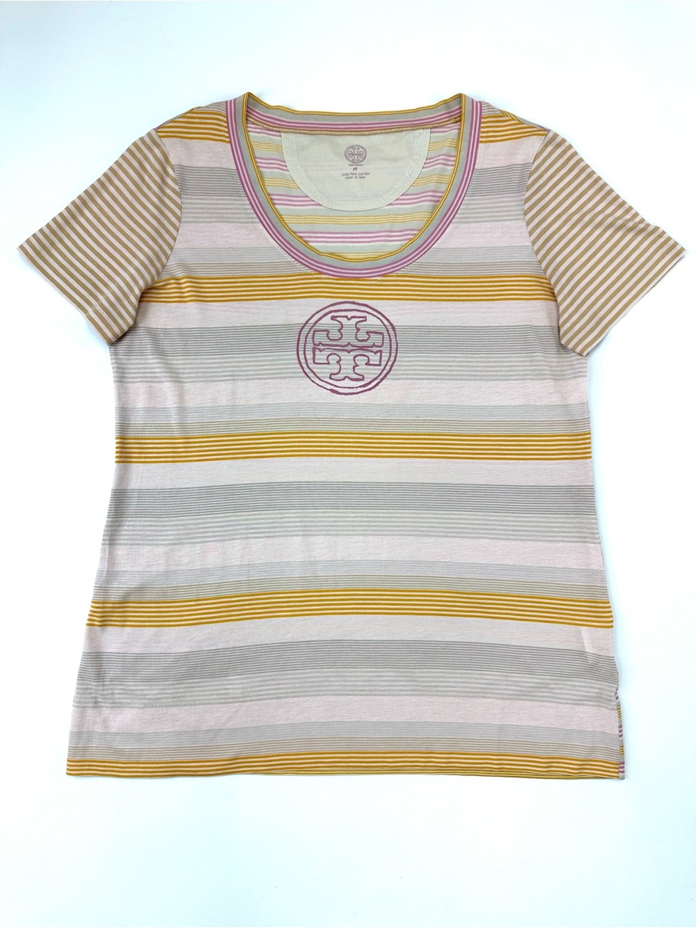 Tory Burch Pima Cotton Logo Stripe Tee Pink Yellow Medium